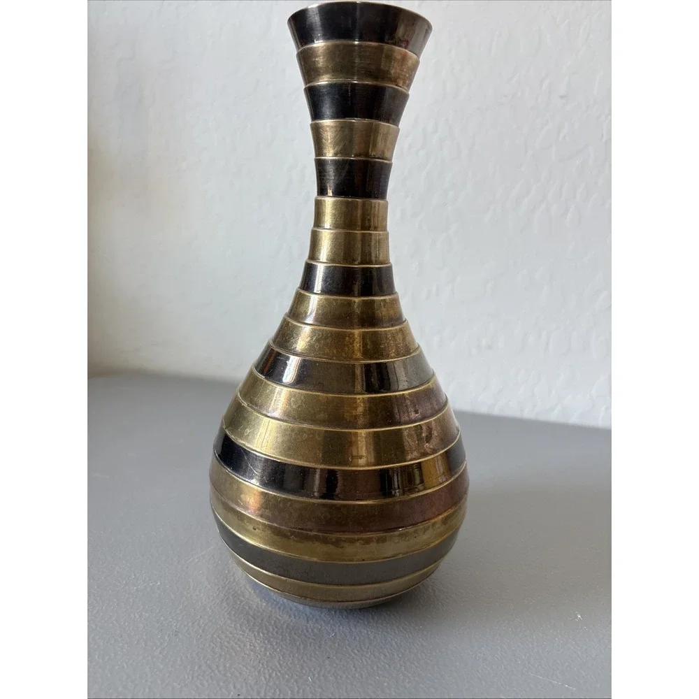 Vintage MCM Brass Copper Striped Vase 9